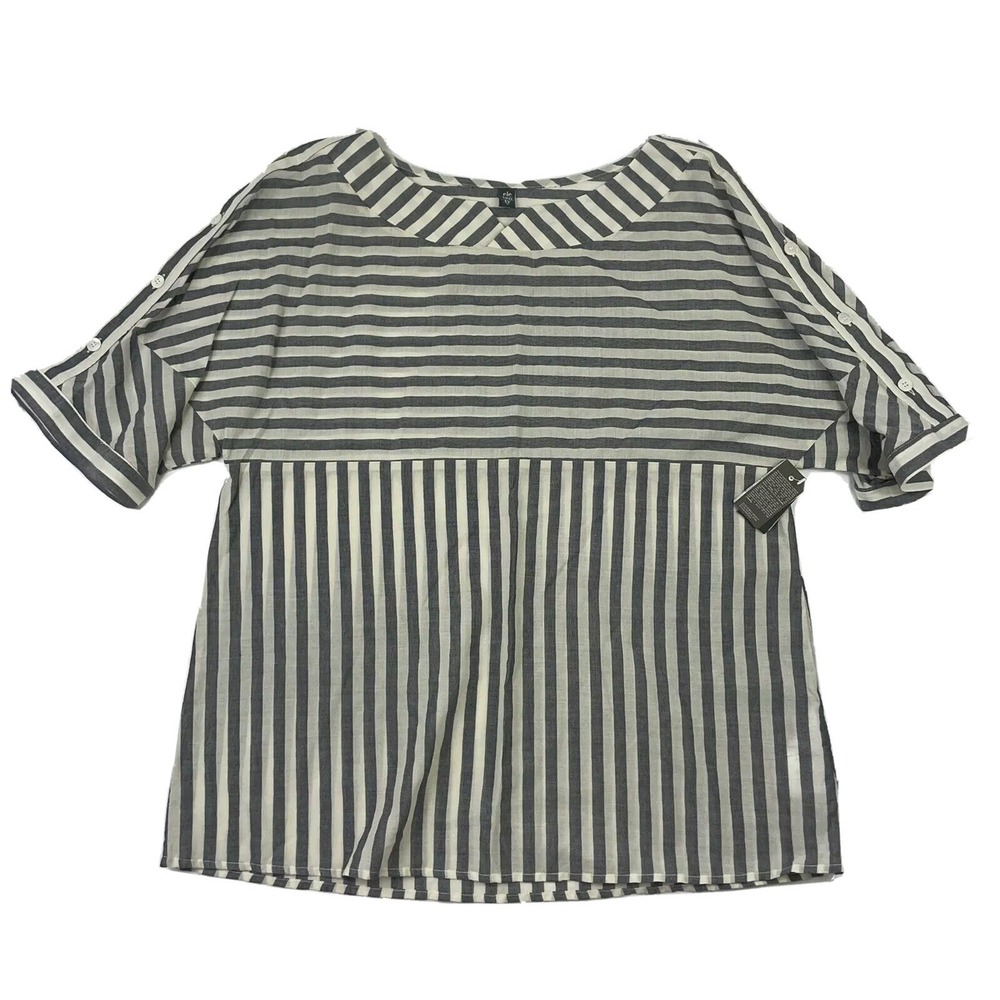 Eleventy Womens Gray Striped Cotton Short Sleeve Blouse 980CA0081 Size 6 NWT